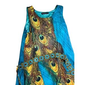Wantdo Secret Peacock Print Maxi Dress Large Jeweled Belt Sleeveless Boho